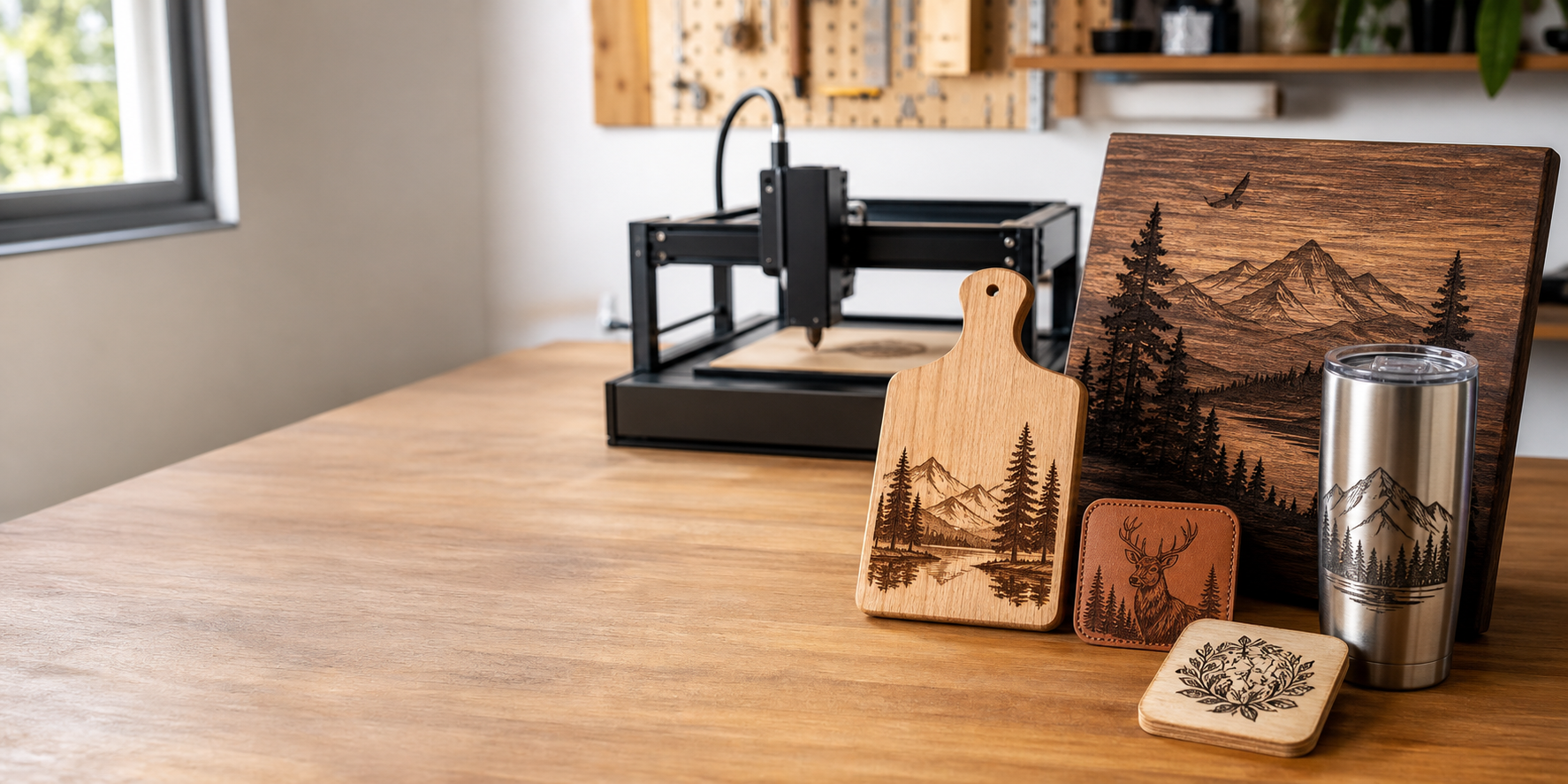 Laser engraving workbench with custom wood signs, tumblers, and leather patches